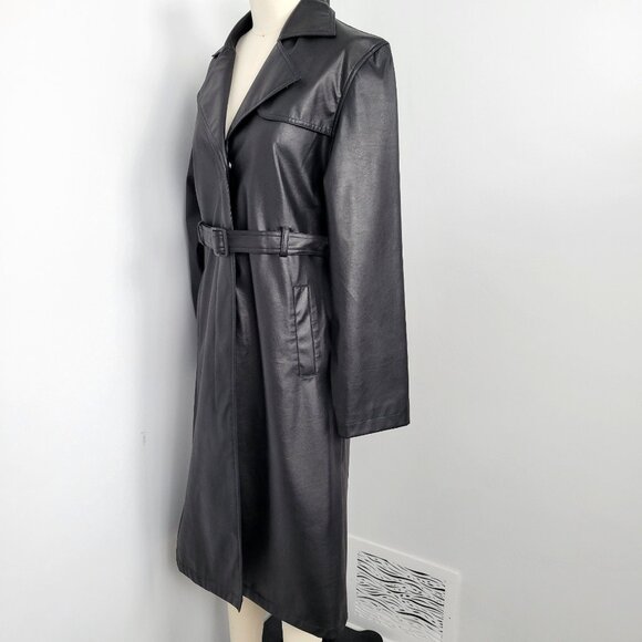 Vintage Y2K Urban Behavior Black Faux Leather Trench Coat Matrix Vibes - Picture 5 of 14